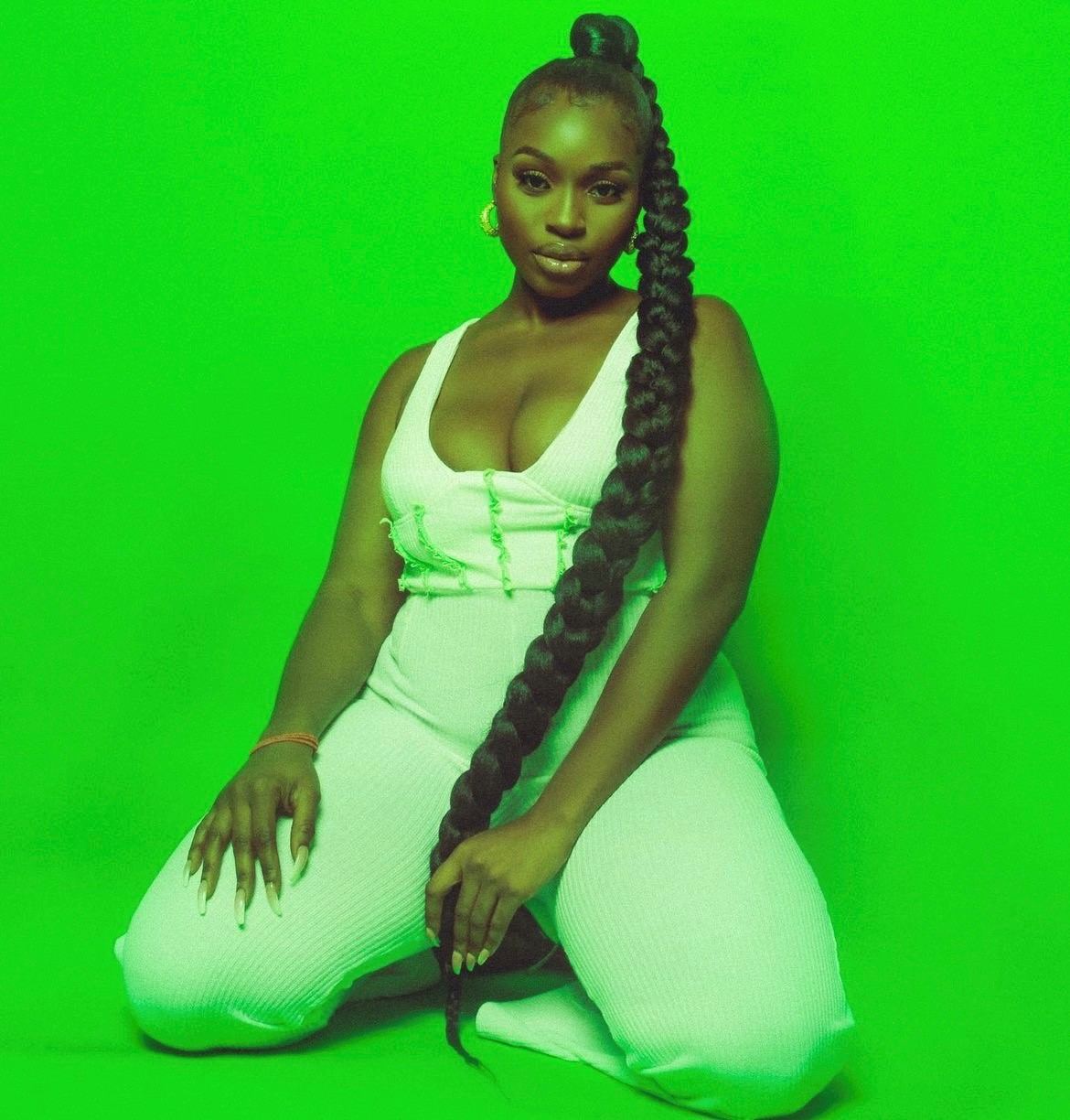 Floor-length braided ponytail on a green backdrop